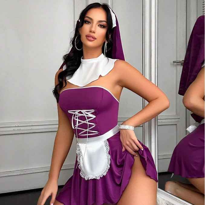 Backless Maid Costume Mini Dress Set - Lace-Up Apron Veil 5-Piece
