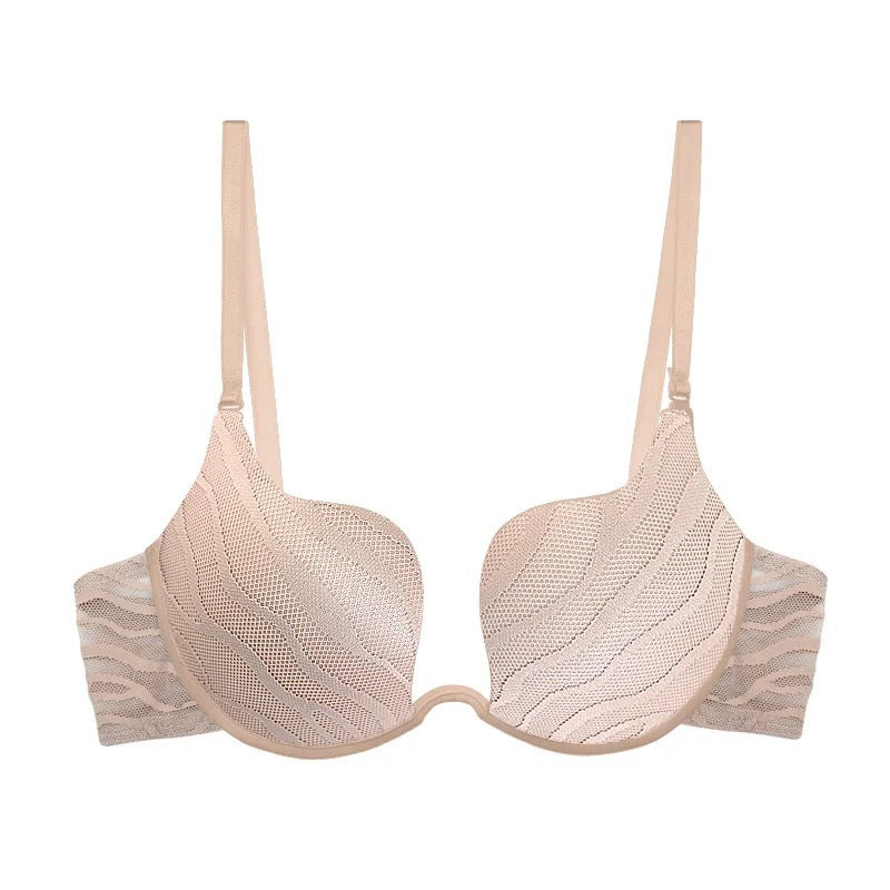 Beige wavy mesh plunge bra and thong set with adjustable, detachable straps