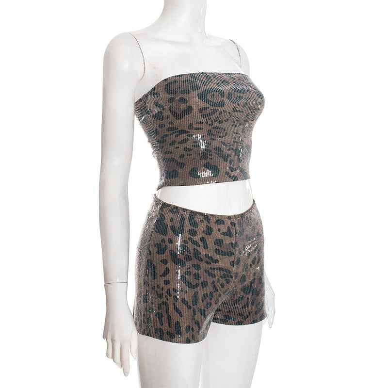 Sexy Leopard Print Outfit Set - Sequin Crop Top Fitted High-Waisted Shorts