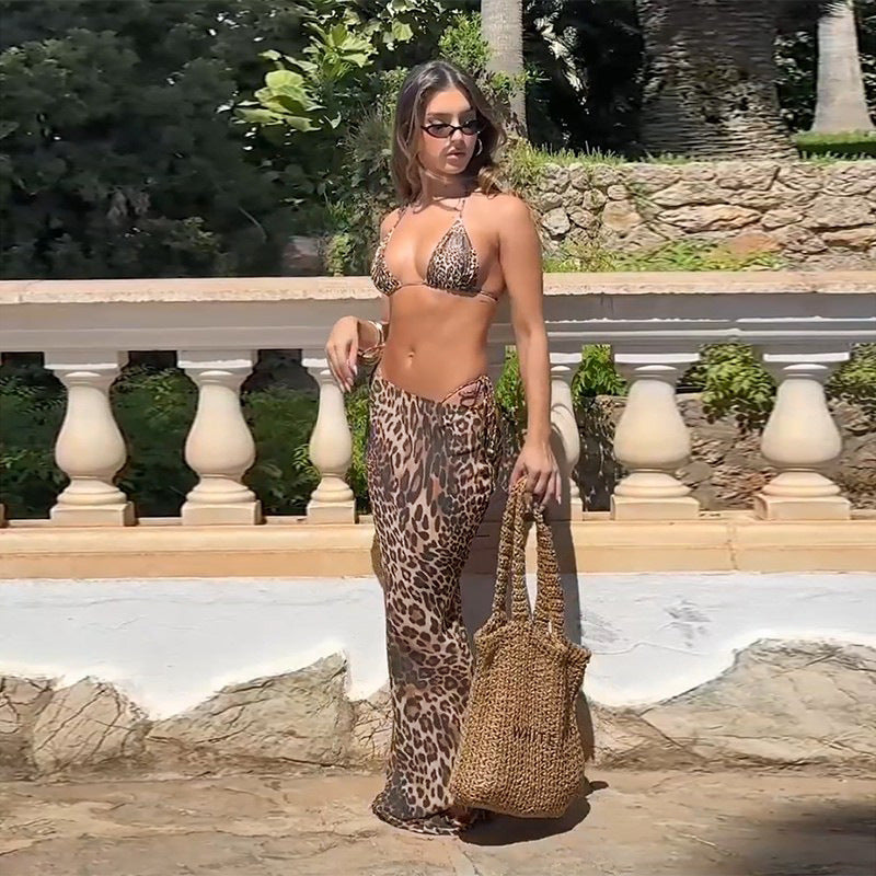 Vacation Style Leopard Bikini Set - Maxi Skirt Cover-Up