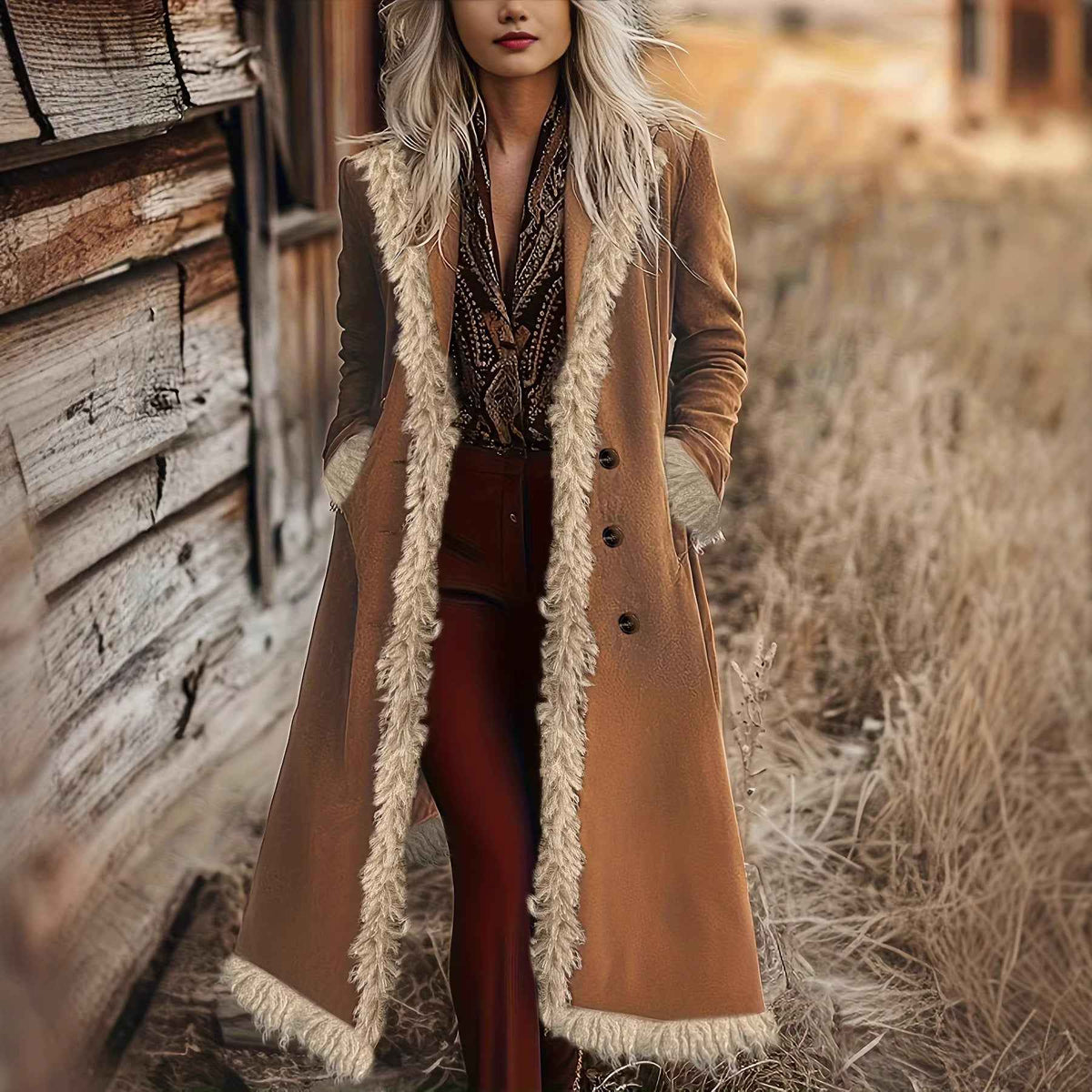 Women's Brown Trimmed Long Coat - Open Front Silhouette