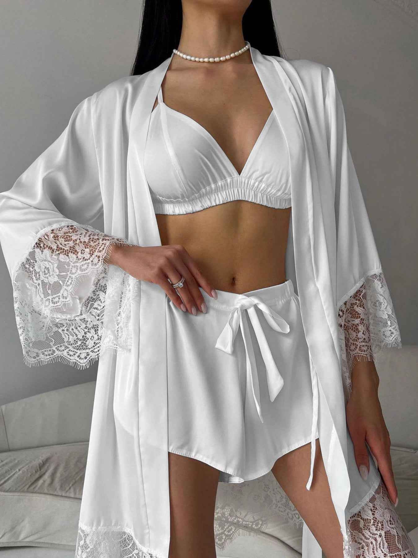 Shorts Lounge Set - Cami and Lace Trim Cardigan