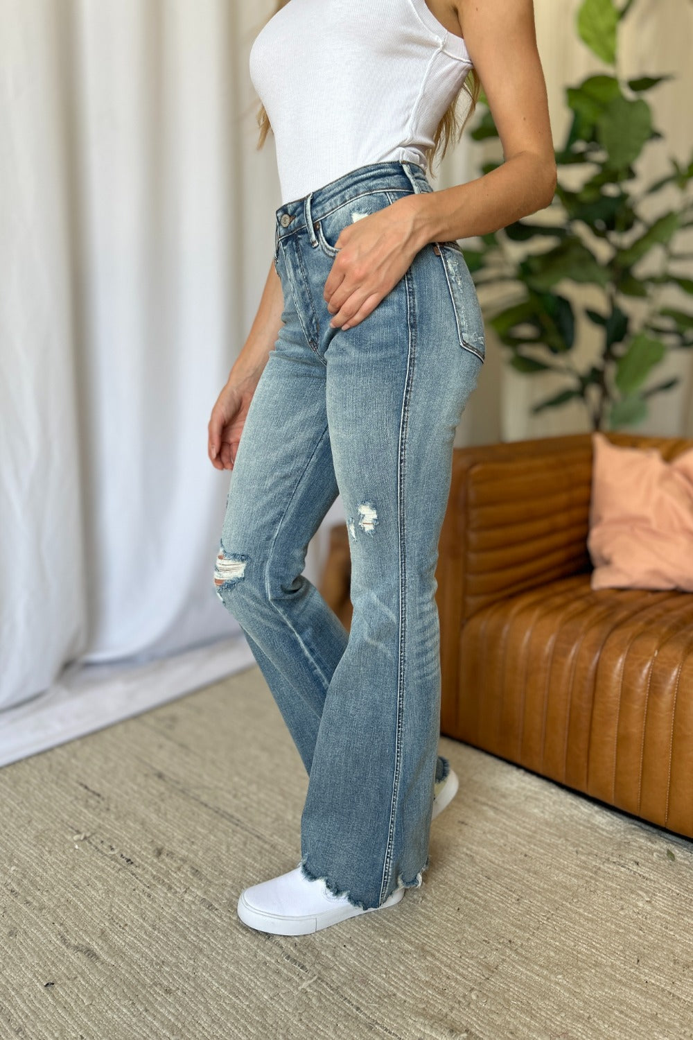 Judy Blue Full Size Medium Rise Tummy Control Destroy Flare - Fashions Envy