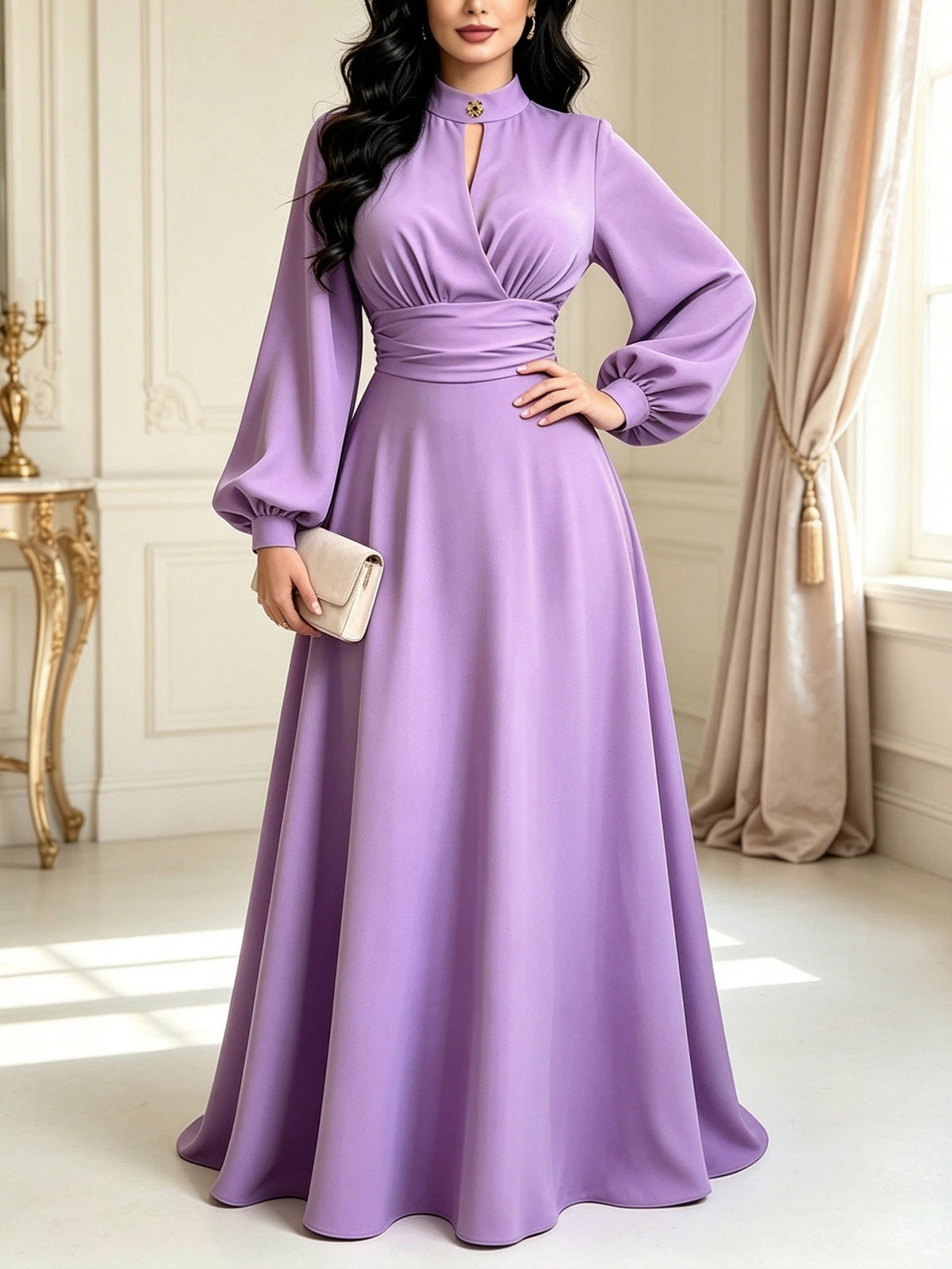 Plus Size Purple Maxi Dress - Lantern Sleeves & Keyhole