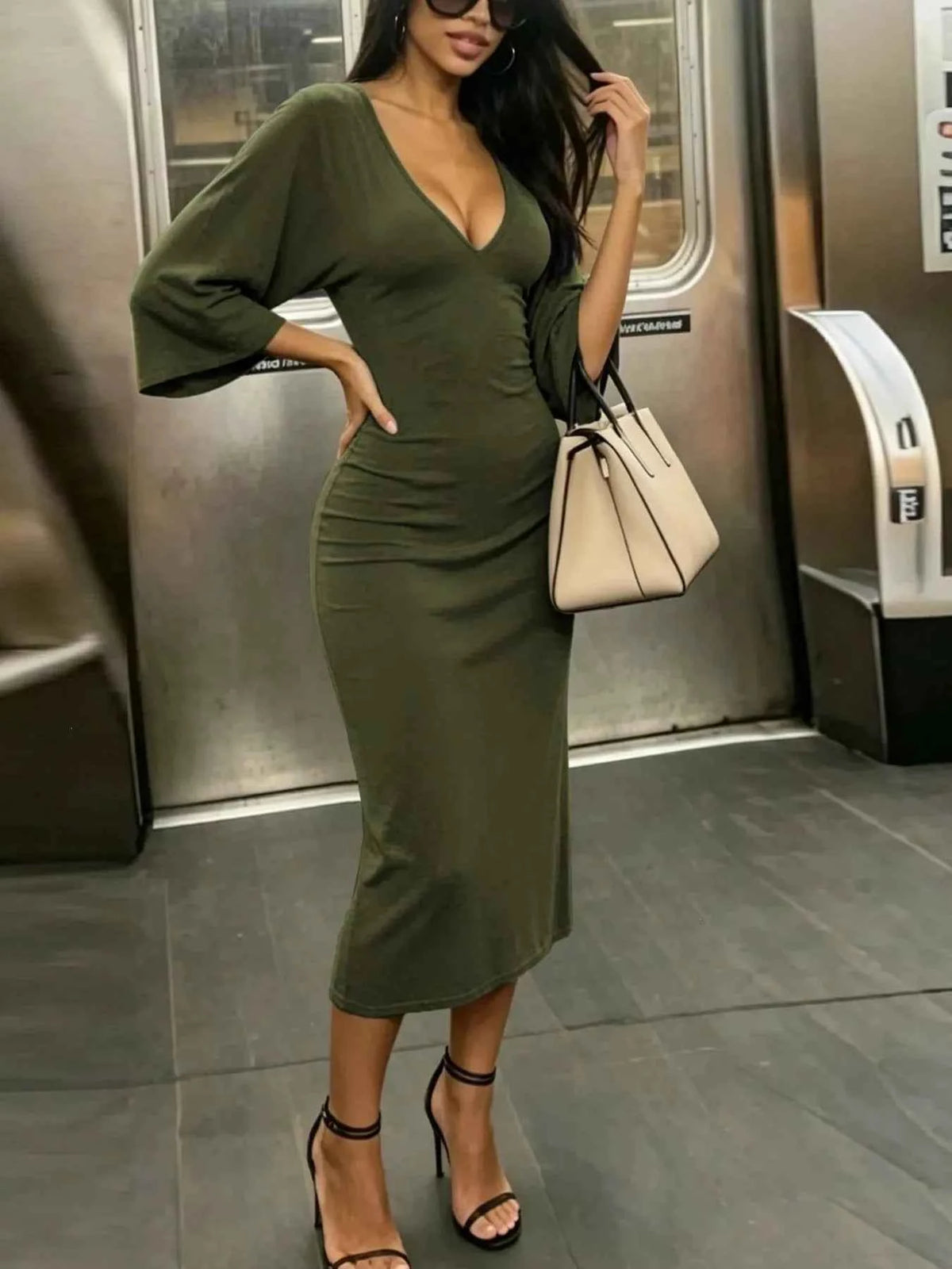 Deep V-Neck Ruched Bodycon Midi Dress - Flutter Sleeve