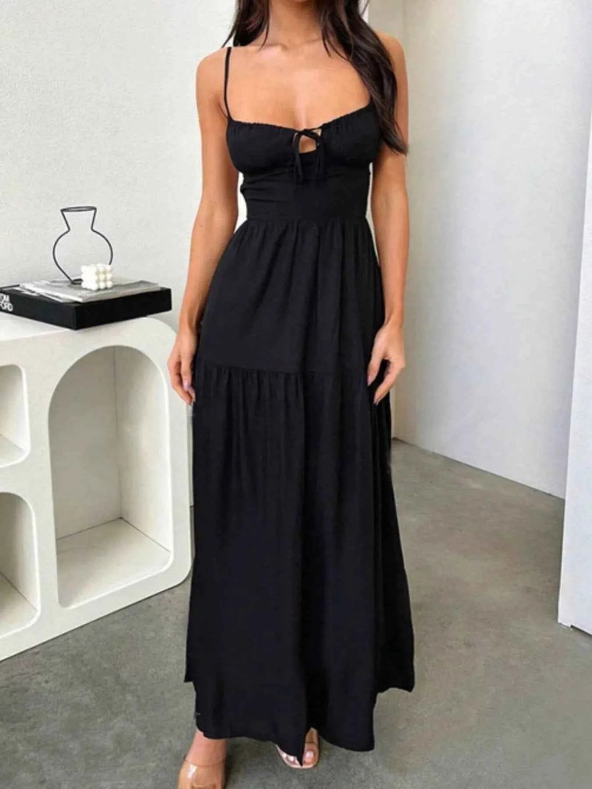 Lace-Up Back Maxi Dress - Ruched Bust Tiered Cami