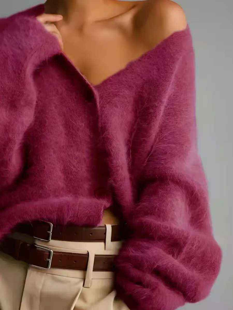 Fuzzy V-Neck Cardigan - Button Front and Relaxed Fit