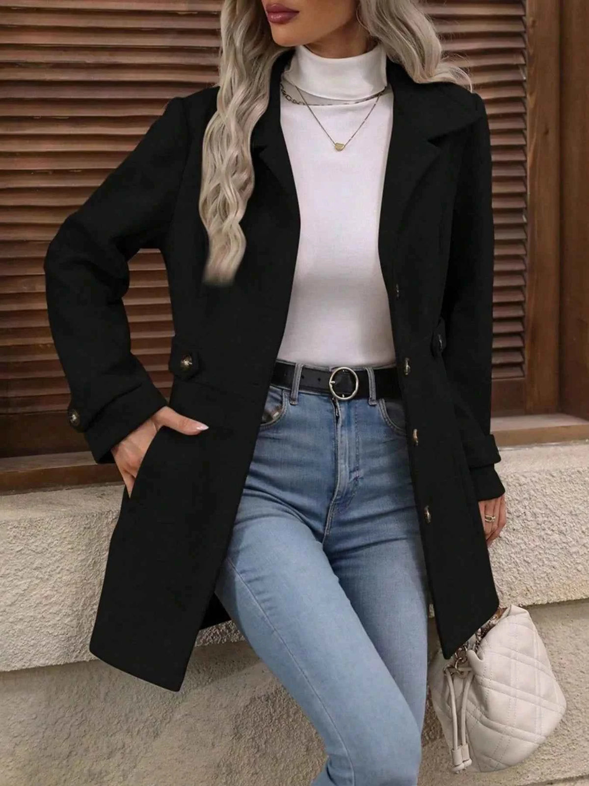 Single Breasted Lapel Coat - Button Front Waist Tabs