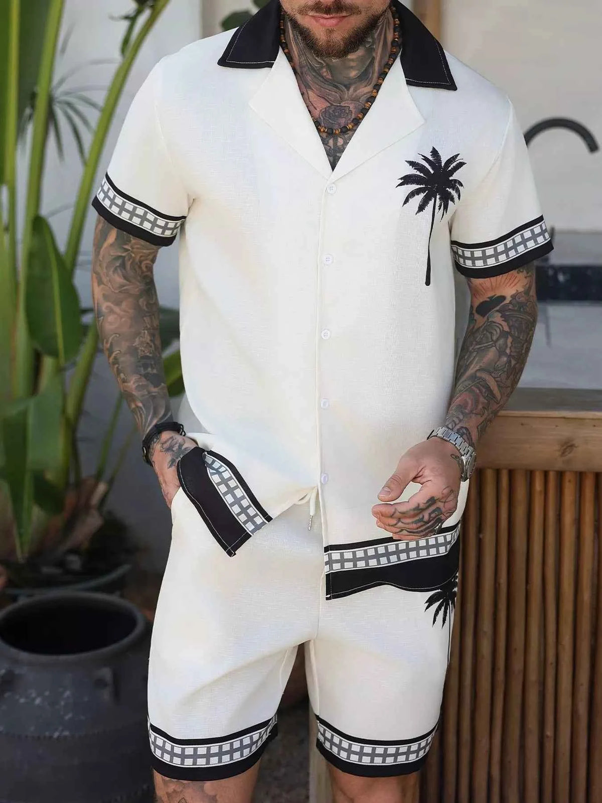 Men's Palm Tree Print Set - Button Shirt & Drawstring Shorts