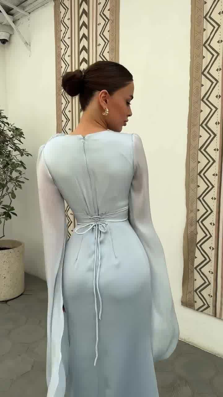 Long Sleeve Maxi Dress - Draped Bodice and Split Sleeves
