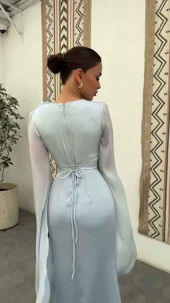 Long Sleeve Maxi Dress - Draped Bodice and Split Sleeves