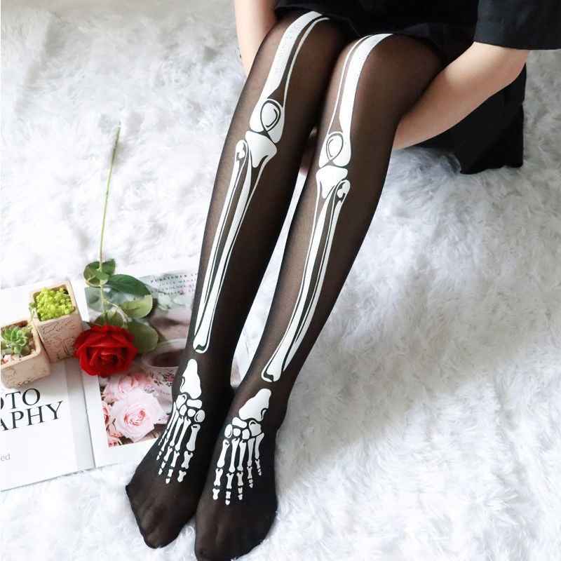 Black Skeleton Pantyhose - Full Leg Bone Print