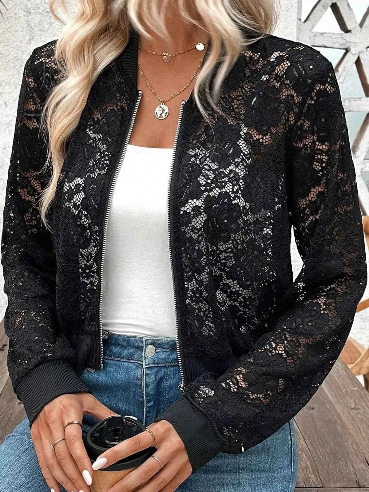 Sheer Lace Zip Up Jacket