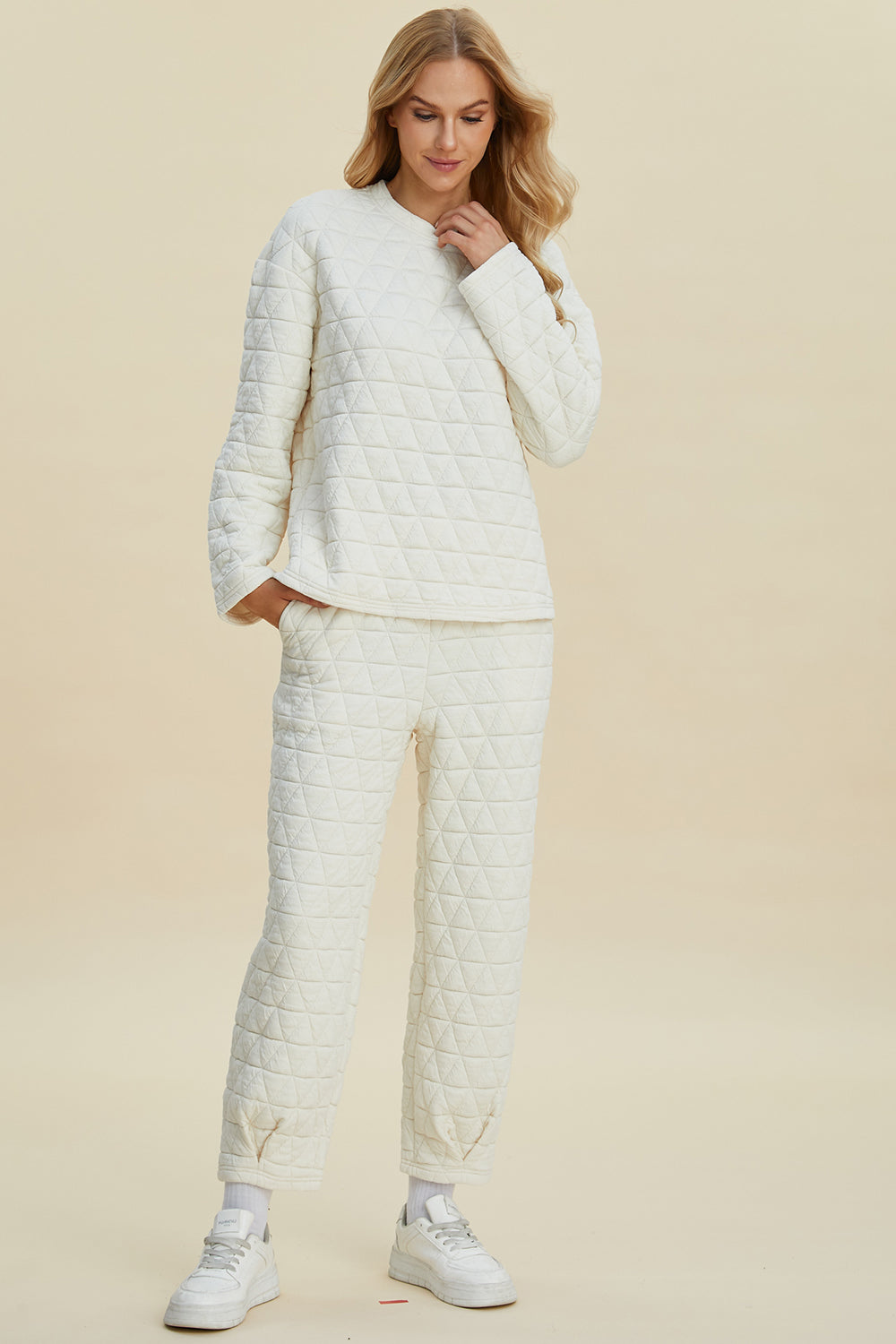 Double Take Full Size Texture Round Neck Long Sleeve Top and Pants Set - Fashions Envy