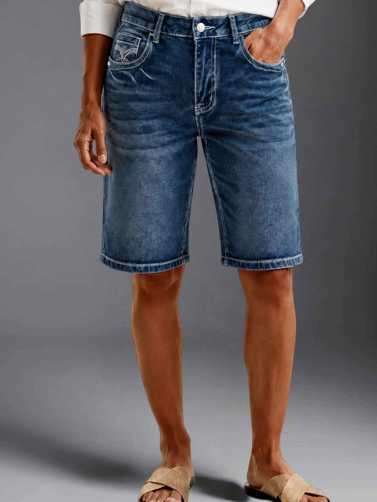 Blue Denim Bermuda Shorts - Embroidered Pocket Detail