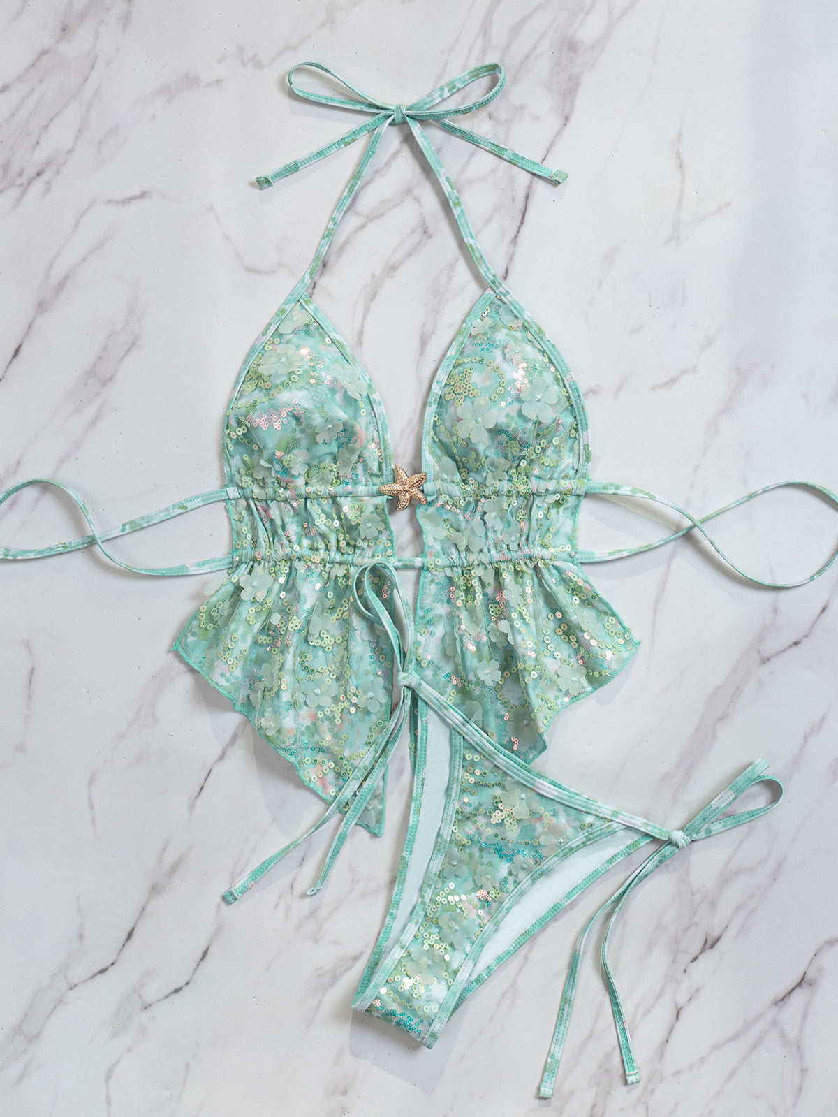 Aqua floral halter bikini set with peplum top, starfish accent and tie-side bottoms