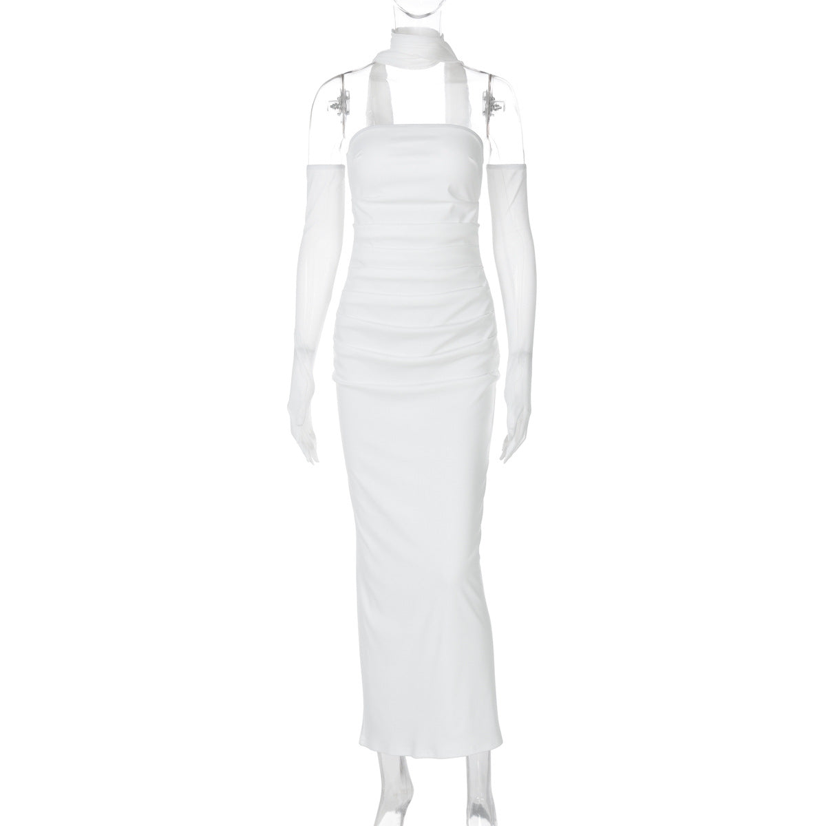 Halter Neck Strapless Maxi Dress - Open Back Mesh Glove Column Gown