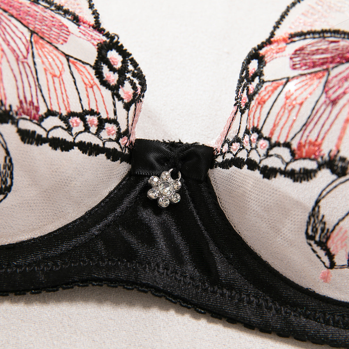 Black Butterfly Embroidery Mesh Bra and Thong Set