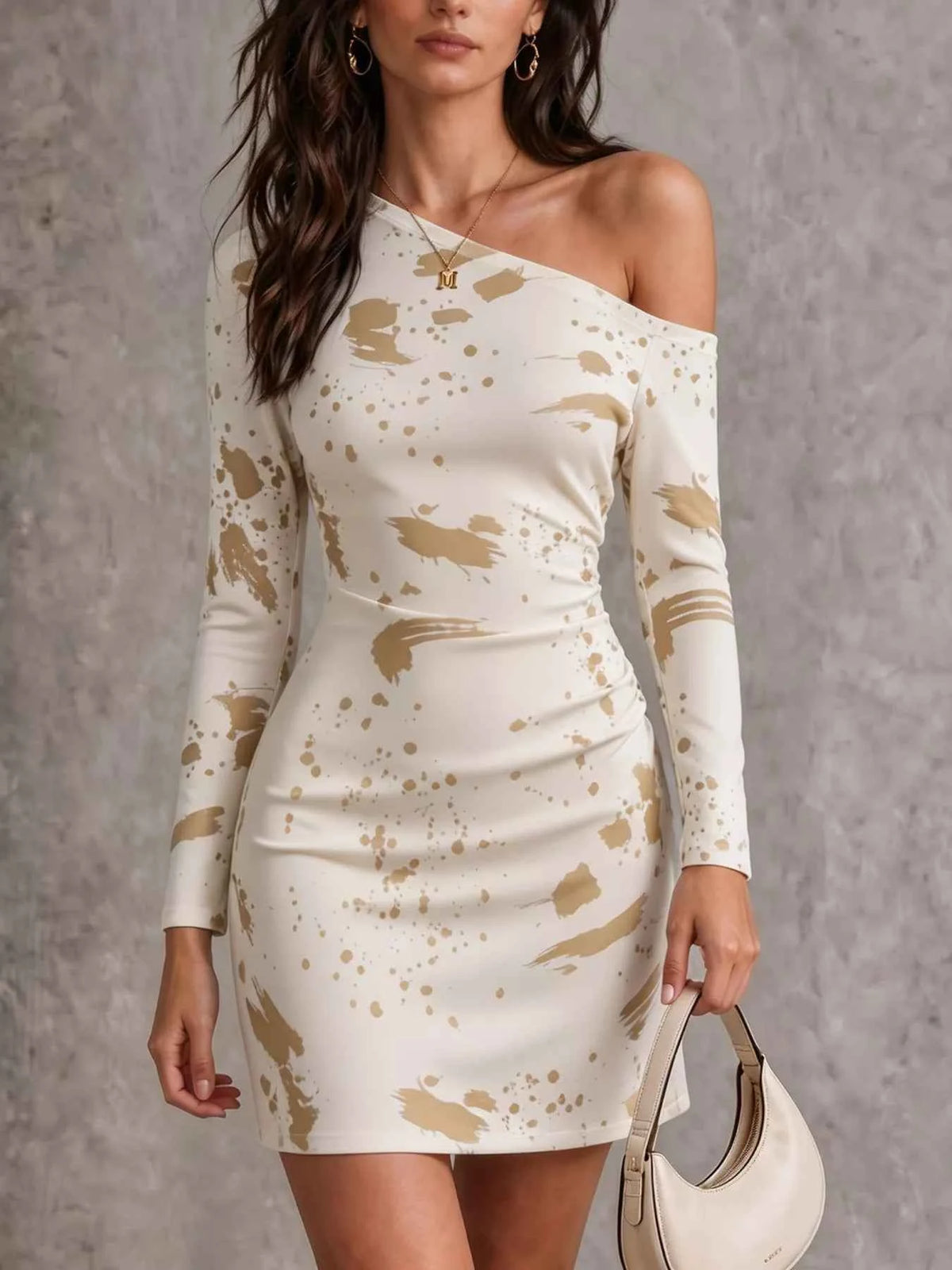Paint Splatter Bodycon Mini Dress - One Shoulder Ruched
