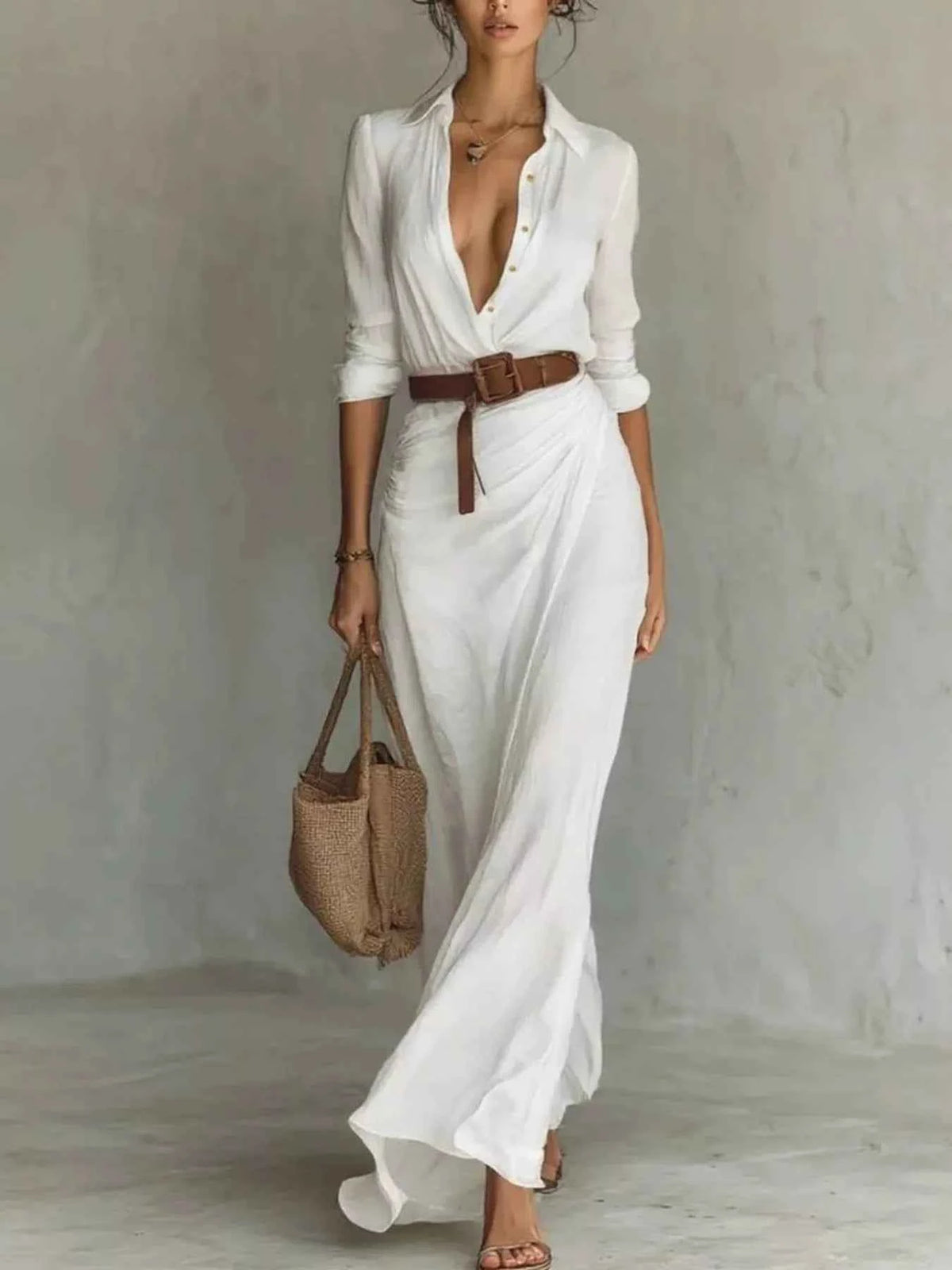 Button Front Belted Shirt Maxi Dress - Deep V Collar