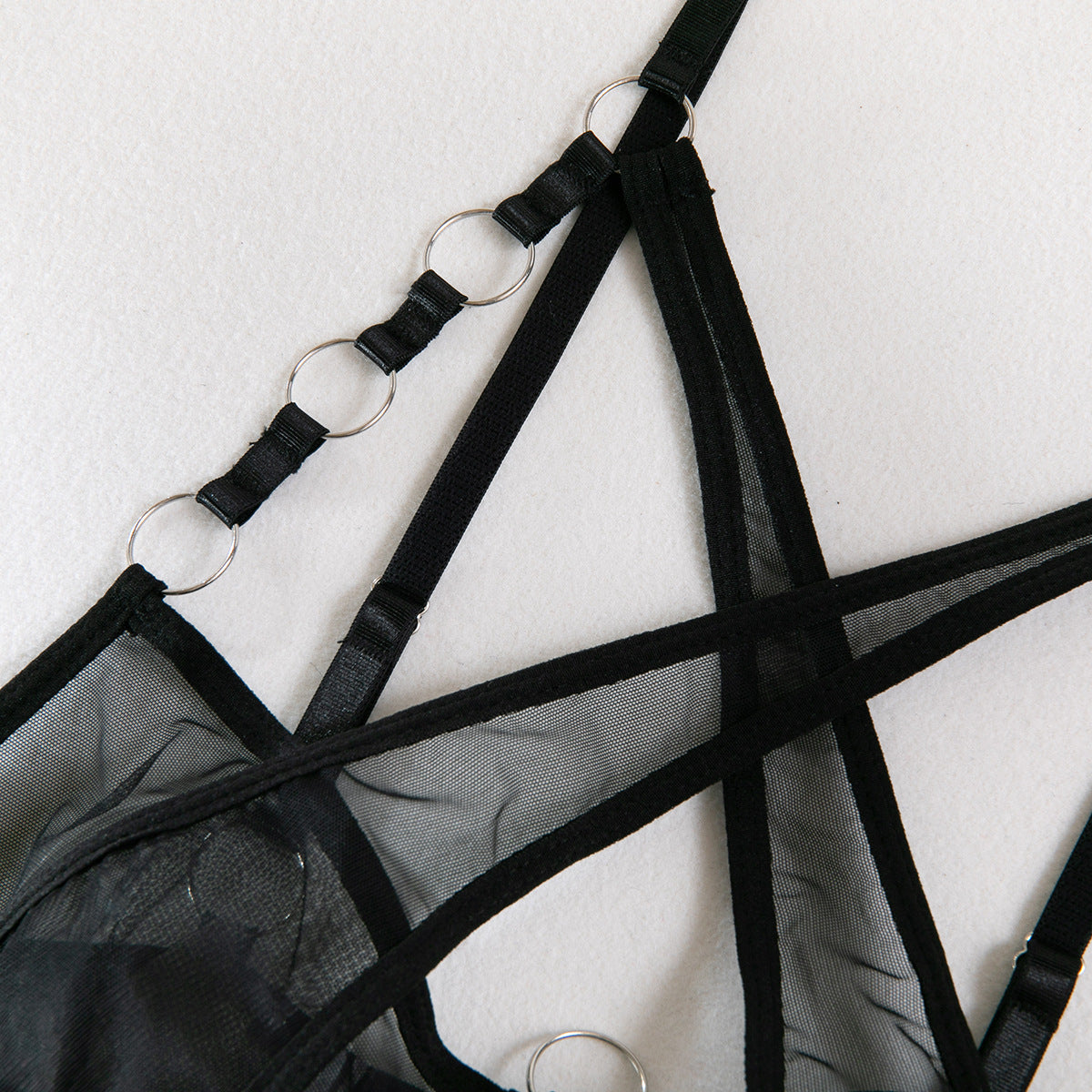 Mesh Garter Lingerie Set - Cross Straps And Ring Details