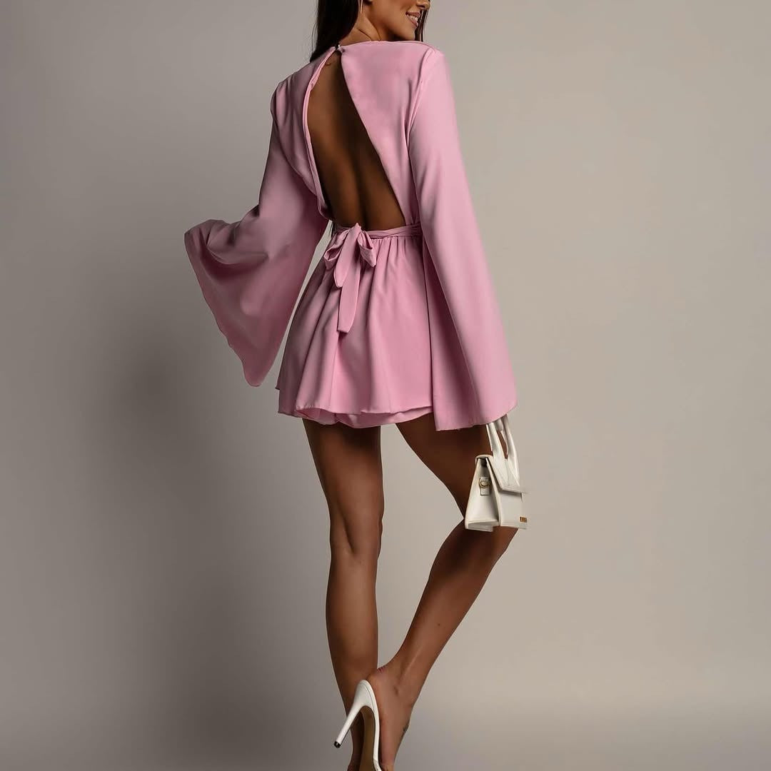 Open Back Mini Dress - Bell Sleeves & Tie-Waist Detail