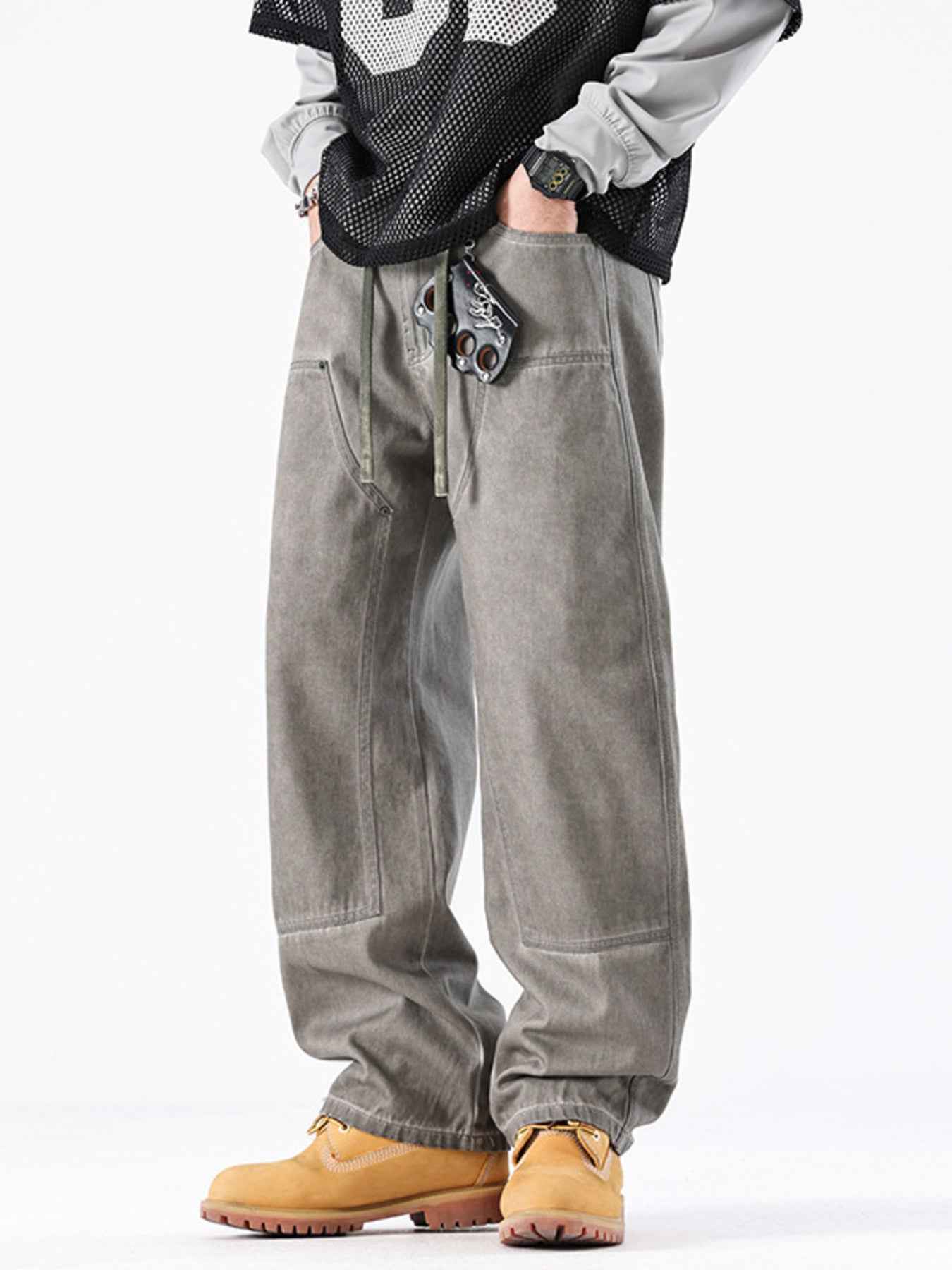 Gray Vintage Wash Wide Leg Jeans Men - Drawstring Baggy Fit