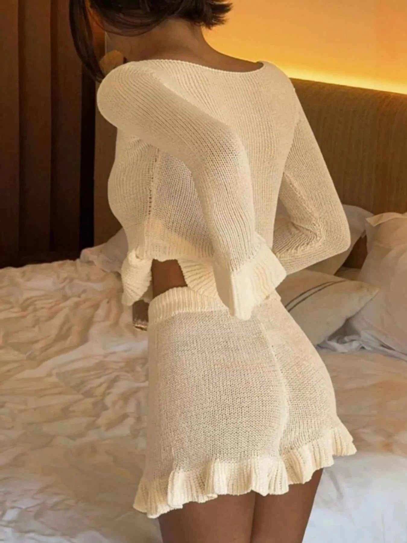 Beige Button Cardigan Set - Ruffle Cuff Top and Drawstring Shorts