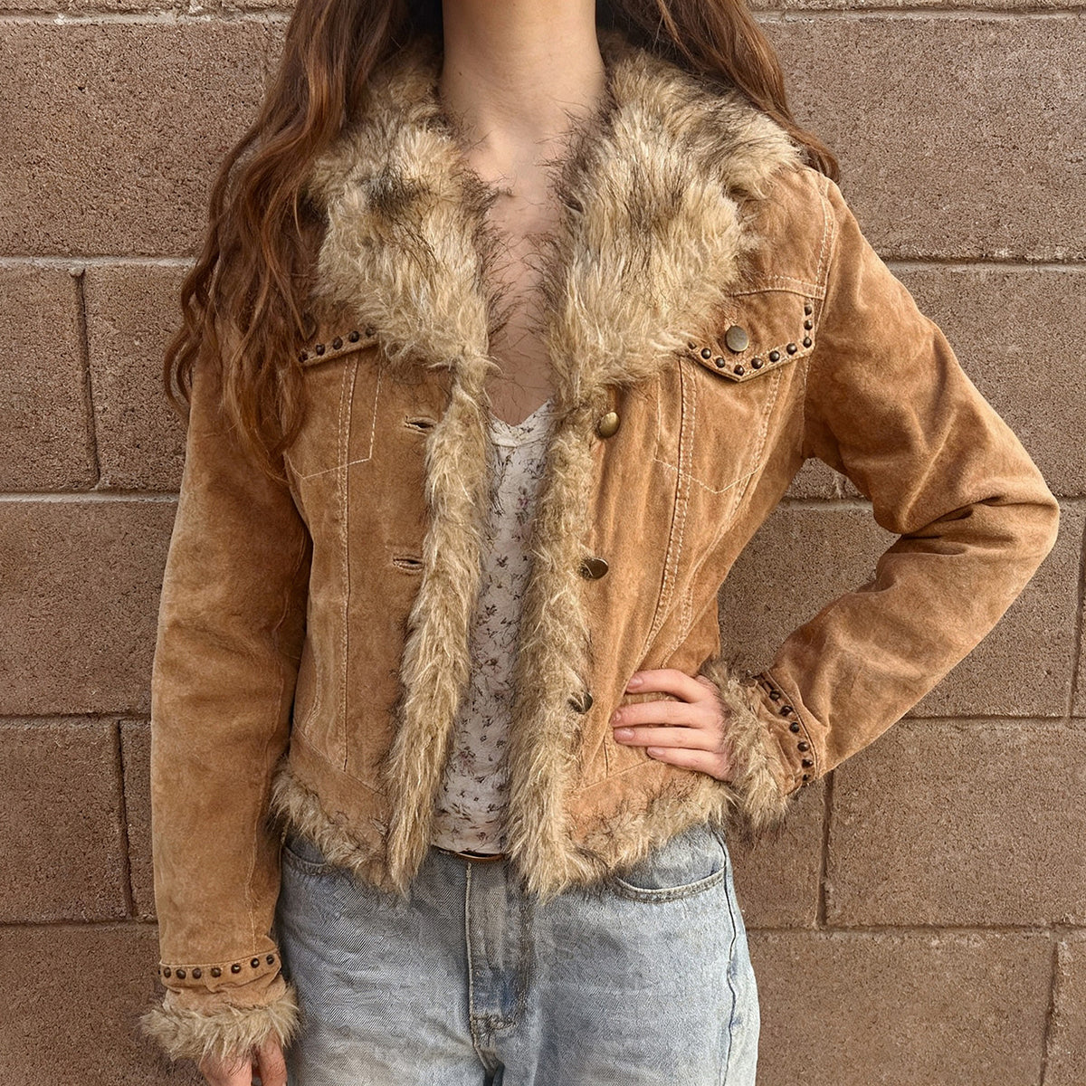 Khaki suede jacket with long faux-fur collar, studded shoulder tabs, button closure
