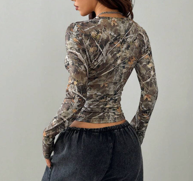 Camouflage Long Sleeve Top - Scoop Neck and Fitted Shape