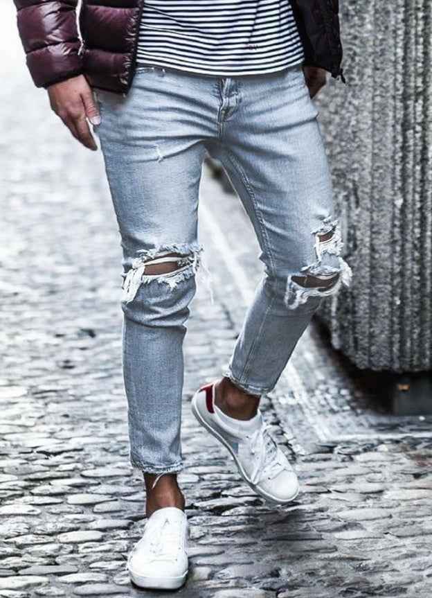 Blue Ripped Skinny Jeans Men - Open Knee Distressed Denim