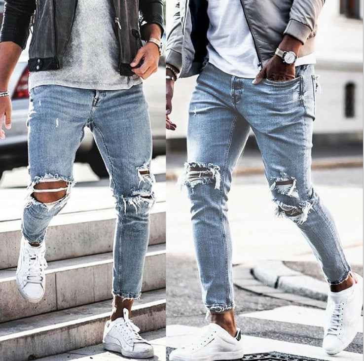 Blue Ripped Skinny Jeans Men - Open Knee Distressed Denim
