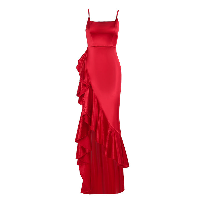 Satin Ruffle Hem Maxi Dress - Spaghetti Strap Asymmetric Slit Gown