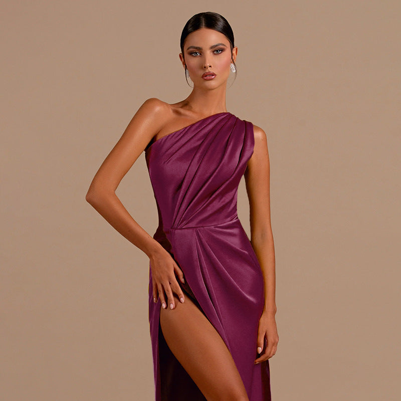 Satin Evening Dress - Formal Slit One Shoulder - Fashions Envy