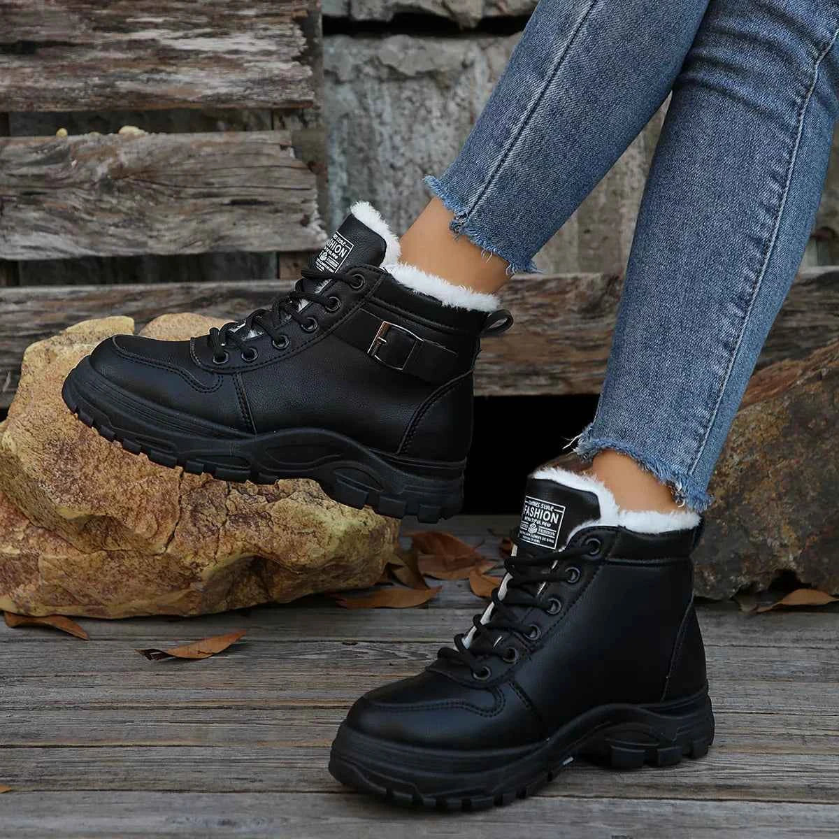 Lace-Up Snow Ankle Boots - Fleece-Lined Buckle Platform