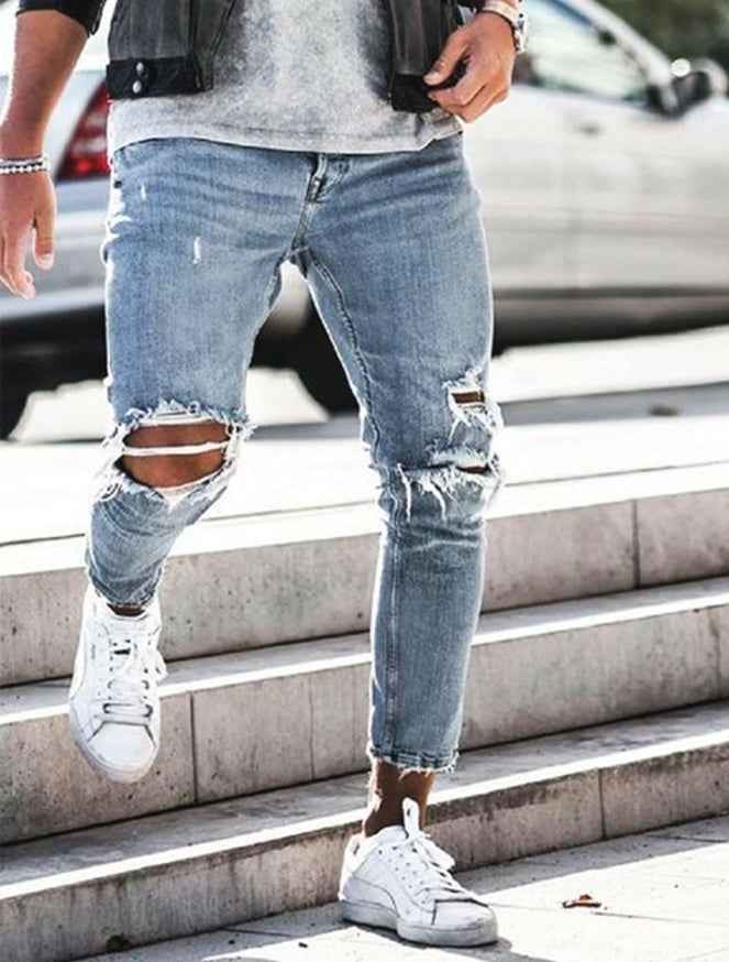 Blue Ripped Skinny Jeans Men - Open Knee Distressed Denim