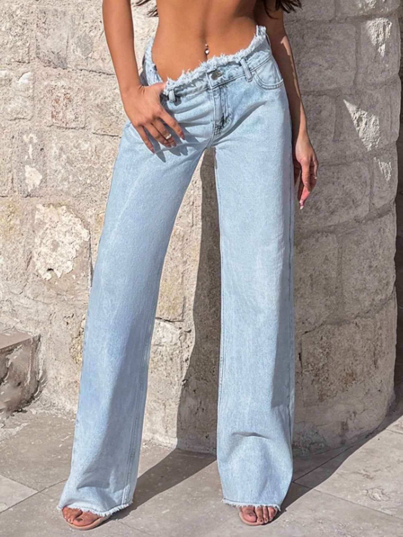 New Women's High-quality Low-rise Frayed Hem Loose Straight Leg Denim Wide-leg Pants, Fashionable And Versatile, Suitable For All Seasons.