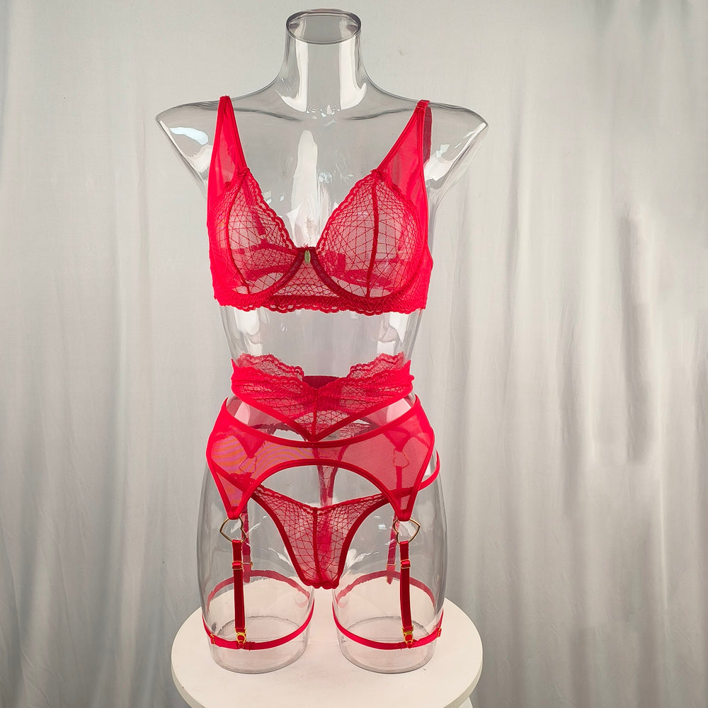 Red Lace Lingerie Set - Sheer Cups And Garter Straps