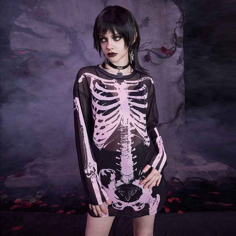 Skeleton Print Sheer Mesh Tunic Top - Gothic Long Sleeve Layer