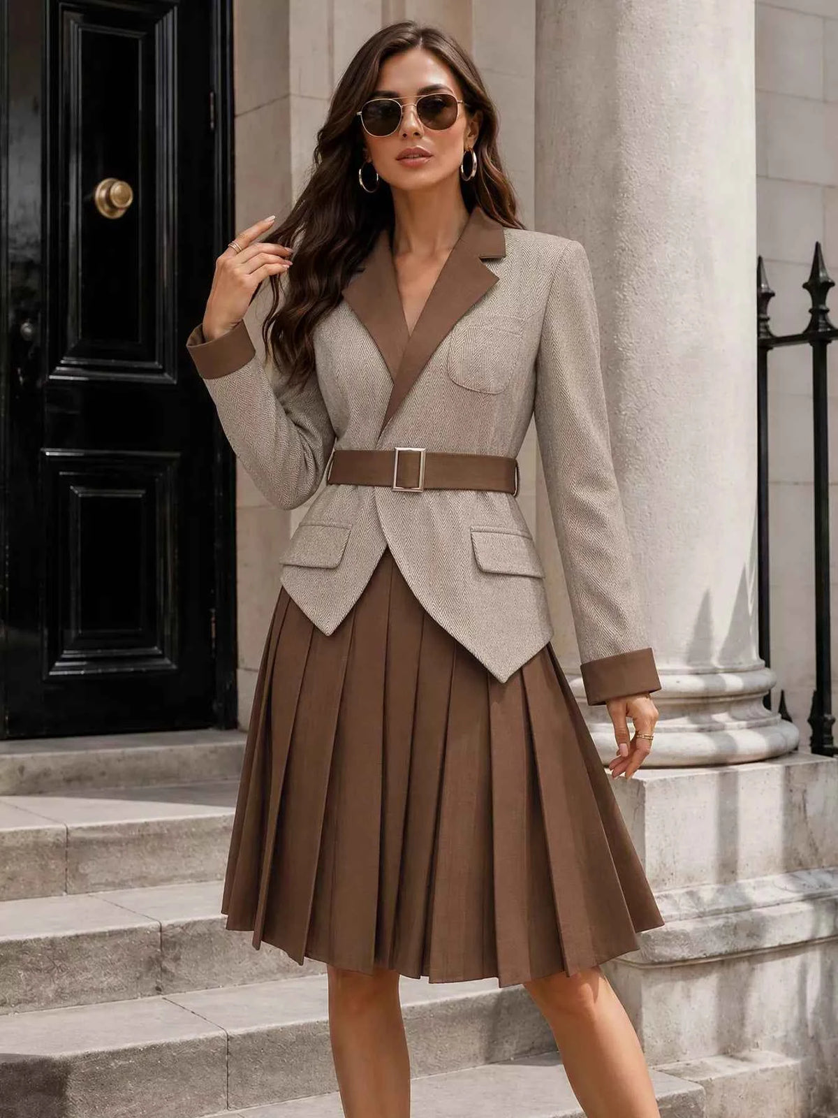 Herringbone Blazer Patchwork Pleated Midi Dress - Belted Waist Pocket Detail