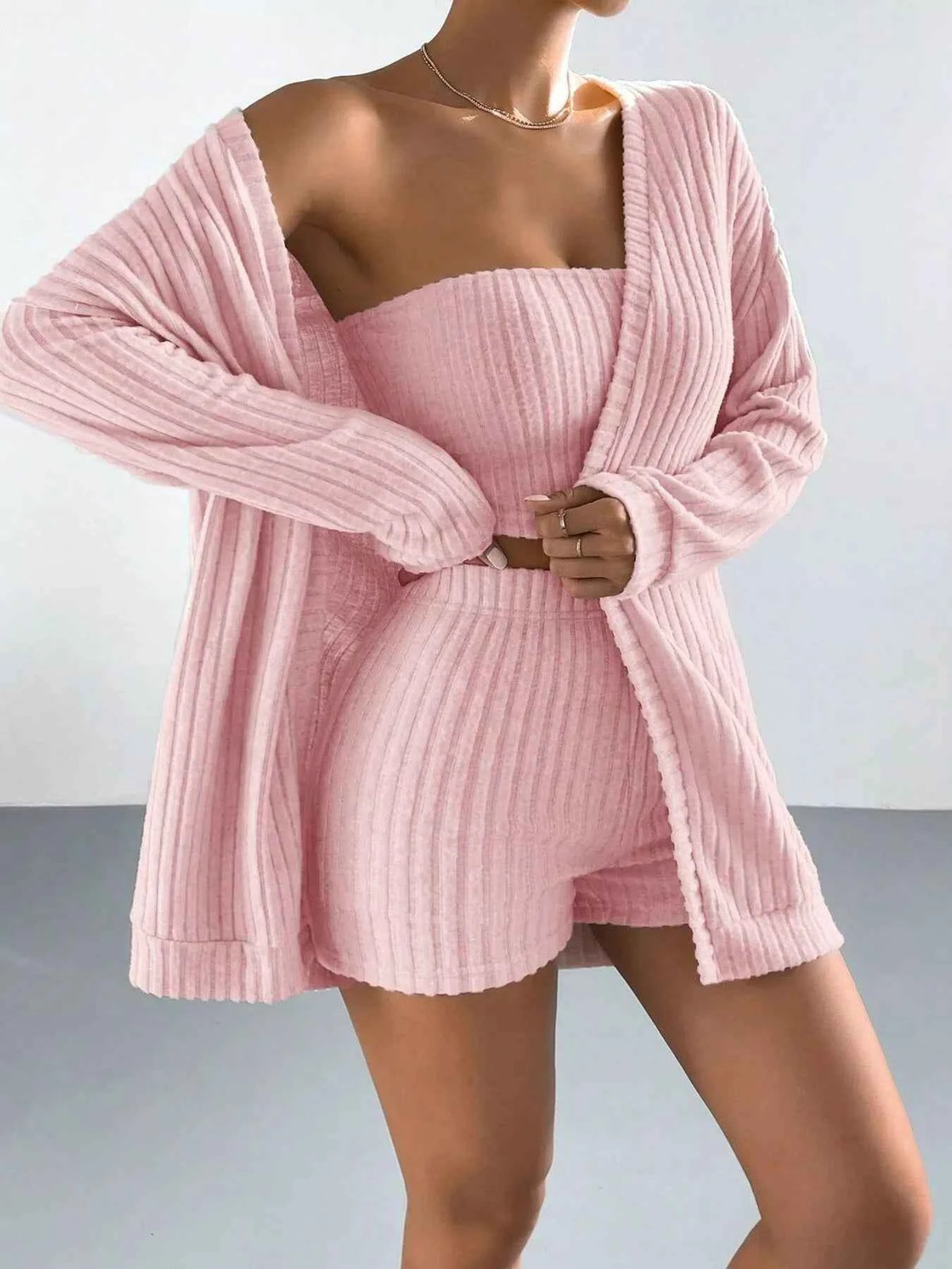 Ribbed Knit Three-Piece Set - Cardigan Tube Top Shorts