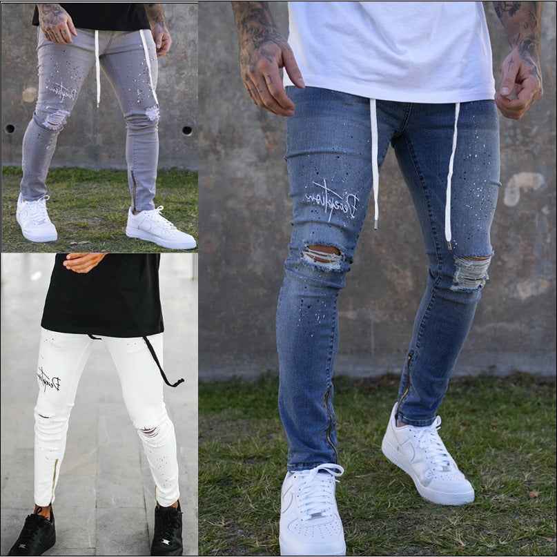 Paint Splatter Ripped Skinny Jeans Men - Script Ankle Zip