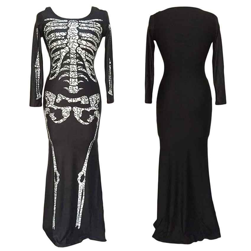Black Skeleton Print Maxi Dress - Cold Shoulder Gown