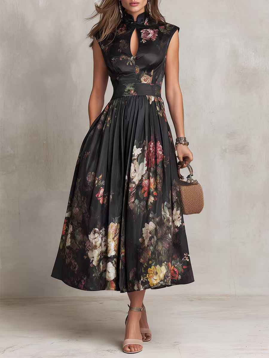 Black Floral Print Midi Dress - Keyhole Neck and Full Skirt