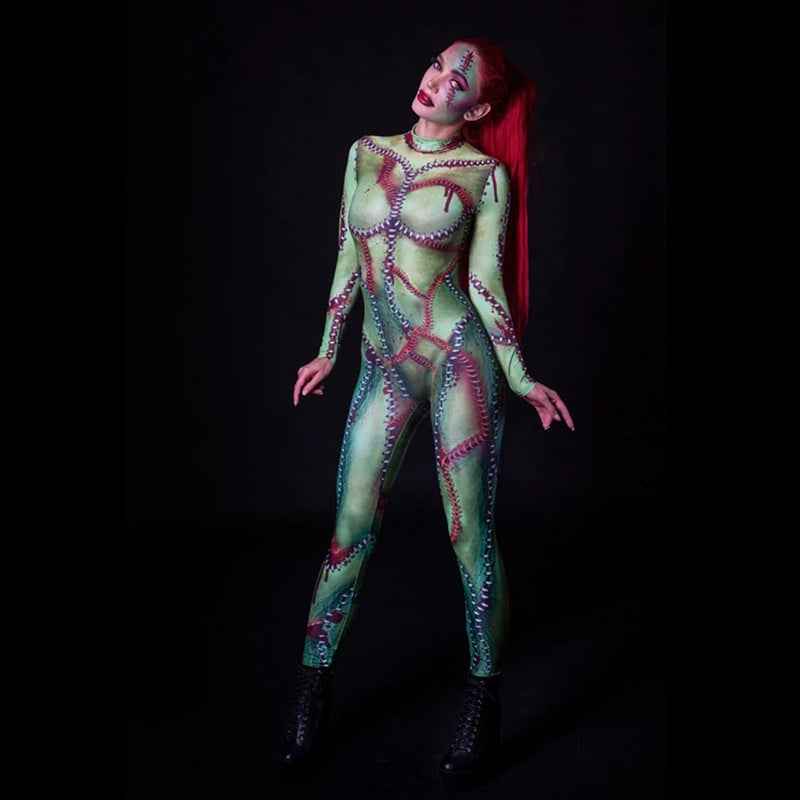 Green Zombie Stitch Catsuit - 3D Frankenstein Jumpsuit