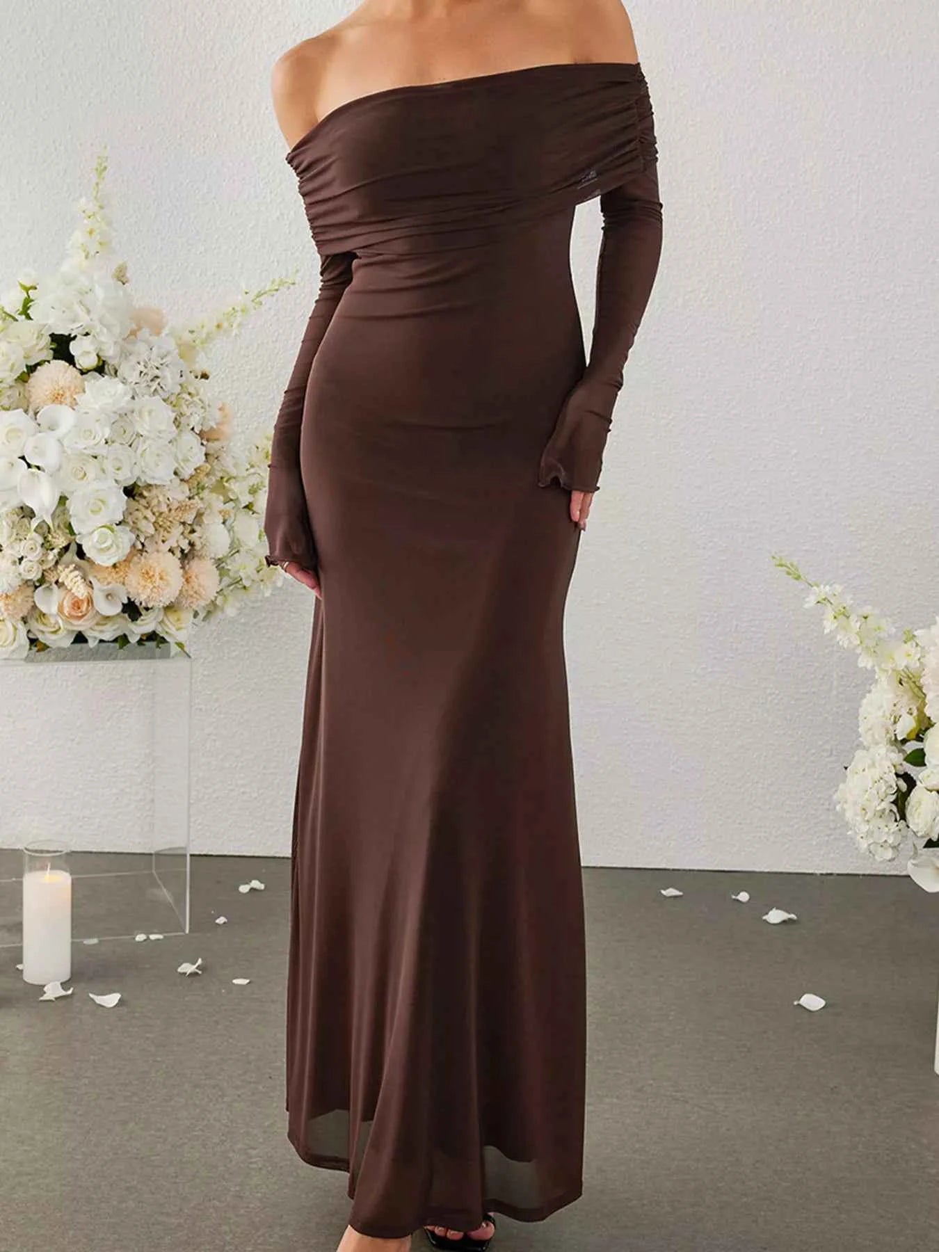 Off-Shoulder Ruched Long Sleeve Maxi Dress