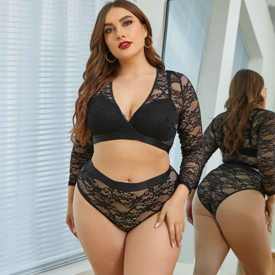 Plus Size Black Lace Lingerie Set - Long Sleeve Sheer Crop Top