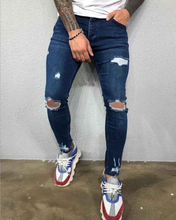 Ripped Skinny Jeans Men - Stretch Elastic Open Knee Denim