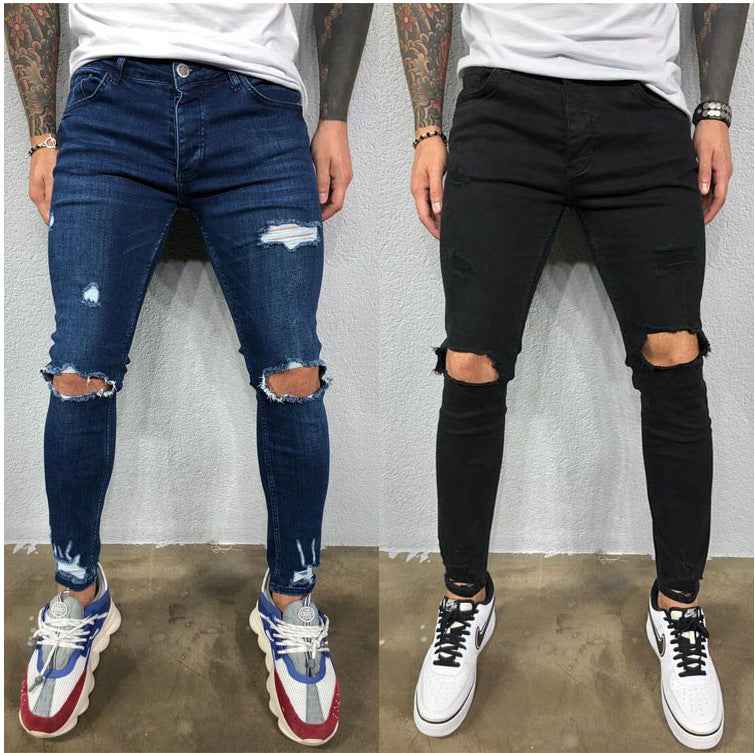 Ripped Skinny Jeans Men - Stretch Elastic Open Knee Denim