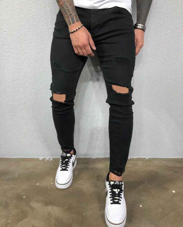 Ripped Skinny Jeans Men - Stretch Elastic Open Knee Denim